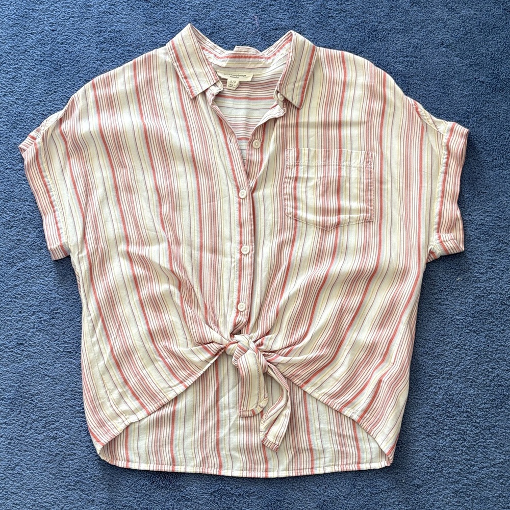 beachlunchlounge Red and Cream Striped Button-Down Shirt